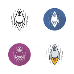 Spaceship flat design, linear and color icons set