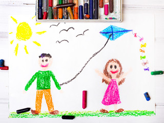 Colorful drawing: Children playing with a kite