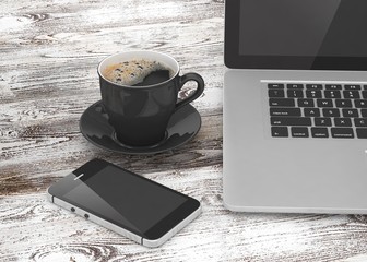 Laptop smartphone and coffee cup