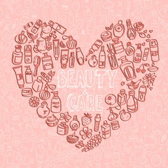 Fototapeta na wymiar doodle cosmetic products heart shaped background