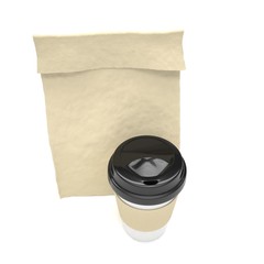 Coffee to go and lunch bag, on white.