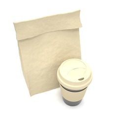 Coffee to go and lunch bag, on white.
