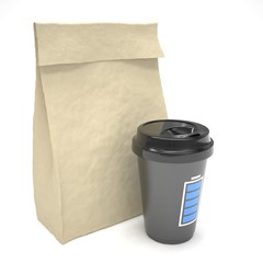 Coffee to go and lunch bag, on white.