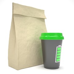 Coffee to go and lunch bag, on white.