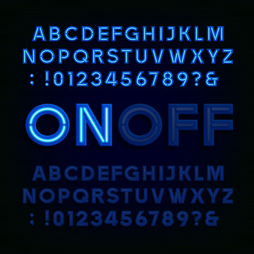 Blue Neon Light Alphabet Font. Two different styles. Lights on or off. Type letters, numbers and symbols. Vector typography for animation, labels, titles, posters etc.