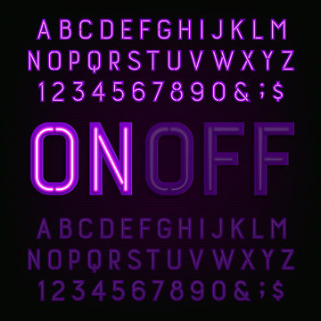 Purple Neon Light Alphabet Font. Two different styles. Lights on or off. Type letters, numbers and symbols. Vector typography for animation, labels, titles, posters etc.
