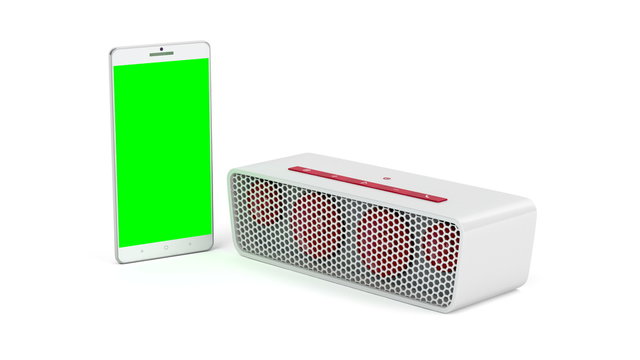 Smartphone with green screen and wireless portable speaker