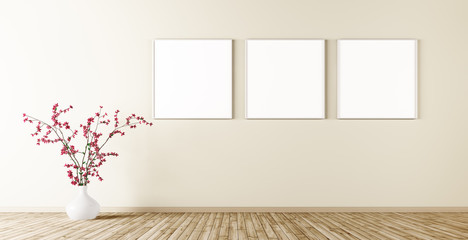 Empty interior with three posters on the wall 3d render