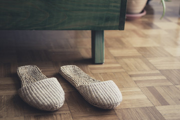 Slippers cane on the parquet floor