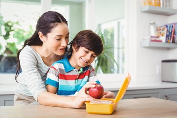 Smiling mother holding apple with son 