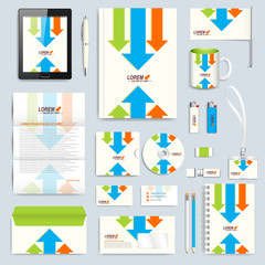 Set of vector corporate identity template. Modern branding stationery mock-up. Background with colorful arrows. Business, science, medicine or technology design