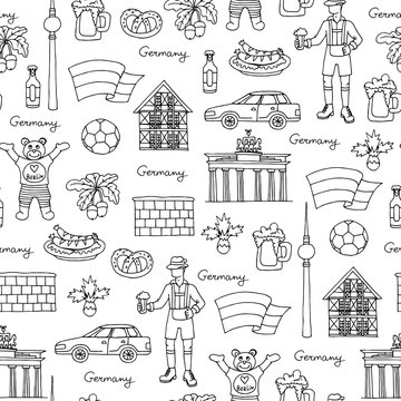 Vector seamless pattern with hand drawn isolated symbols of Germany on white color