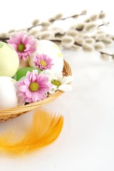Cropped shot easter eggs in basket with flowers and catkins