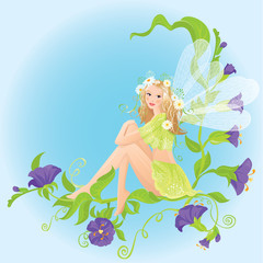 Fototapeta na wymiar Little cute forest fairy sitting on beautiful wild flowers
