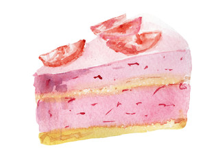 Watercolor piece of a sweet cake with strawberry on white background