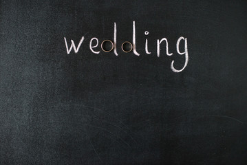 Obraz premium Wedding composition. Gold rings and the word 