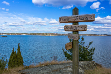 Wooden signs on Swedish coast