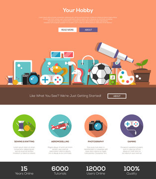 Hobbies website template with header and icons