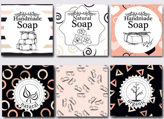 Vector set of seamless patterns, labels and logo design templates for handmade natural soap packaging and wrapping paper - 106018368