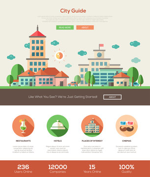 City guide website header banner with webdesign elements
