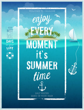 Summer time poster with sea background.