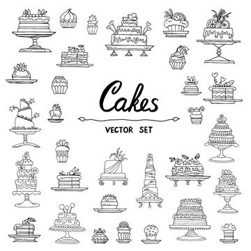 Vector set with hand drawn isolated doodles of cakes on white color