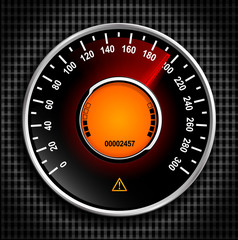 Automobile analog speedometer with a red arrow and orange LCD on carbon fiber background