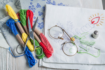 Homemade embroidered napkins made of colored threads