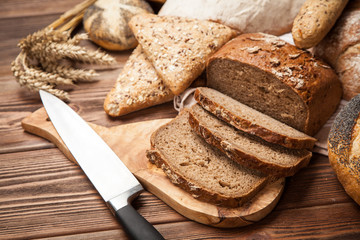 Bread assortment on wooden surface