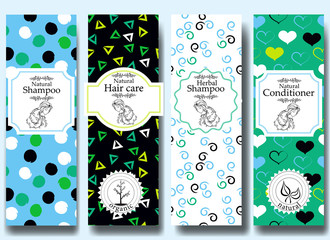 Vector set of seamless patterns, labels and logo design templates for natural herbal shampoo packaging and wrapping paper