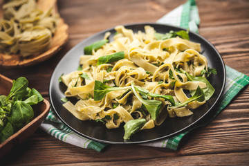 Cooked tagliatelle on a plate