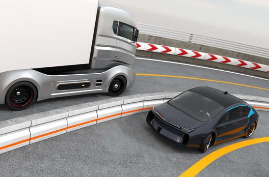 Hybrid electric truck and white electric car on highway