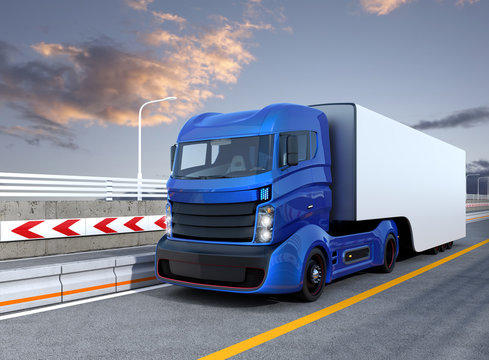 Autonomous hybrid truck driving on highway. Original design.