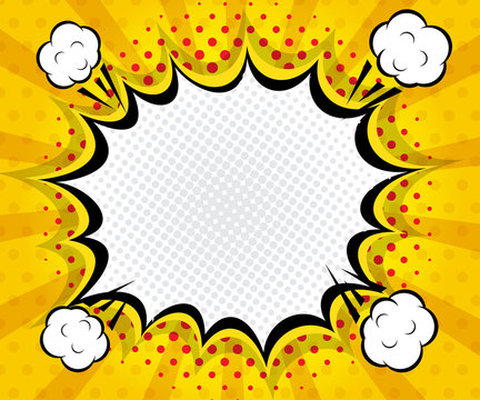 abstract boom blank speech bubble pop art, comic book on yellow background