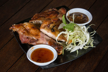 roasted chicken on wooden table, 