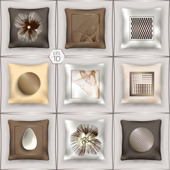 3D set of silk cushions in the milk-chocolate tones with surround pattern. Elements for design. Vector EPS10 comfortable editing.
