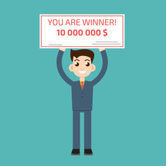 You are winner. Winner man holding check