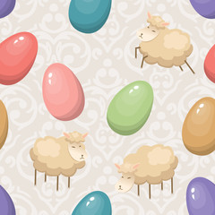 Cute seamless background with Easter Eggs and lambs