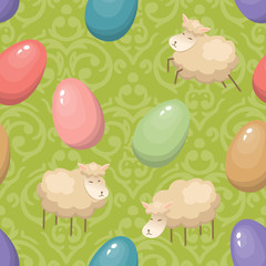 Cute seamless background with Easter Eggs and lambs