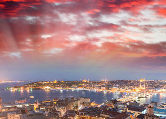 Istanbul night aerial view with city mosques