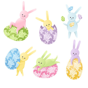 Set of Six cute colorful Easter bunnies