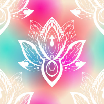 Vector abstract seamless pattern with lotus flowers. Abstract vector background with flowers. Lotus mandala. Vector Indian hand drawn lotus.