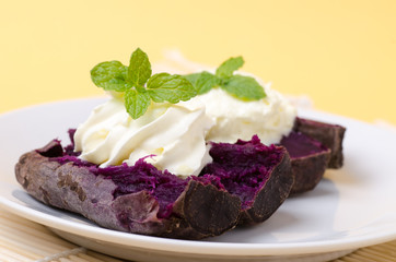 Purple sweet potatoes with whipping cream on top