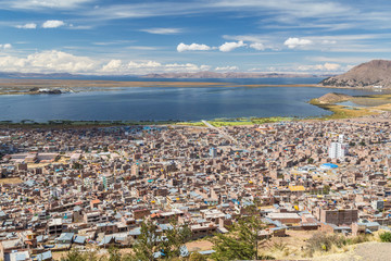 Aerial Panorama of Puno and Lake Titicaca from Mirador El Condor,  Peru