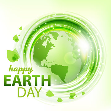 Green abstract vector background with Earth. Round eco design. Happy Earth Day. Abstract background for business presentations. Vector.