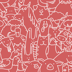  Vector line art seamless pattern with farm animals