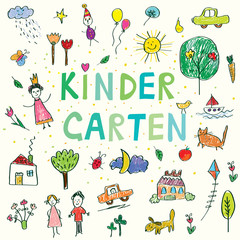 Kindergarten banner with funny kids drawing