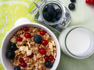 Healthy breakfast muesli with blueberry and red currant and milk with blueberry and raspberry