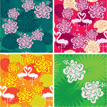 Set of seamless patterns with palm trees leaves, Frangipani flow