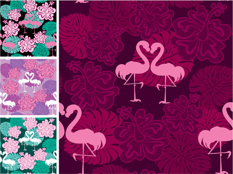 Set of seamless patterns with palm trees leaves and flamingos. R